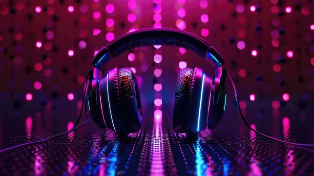 A bold and dynamic graphic design of headphones with LED lights pulsating to music, demonstrating their interactive features. 