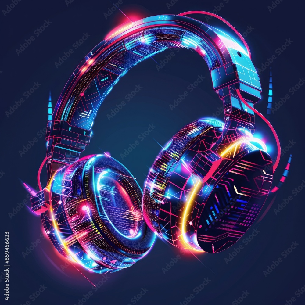 Poster A bold and dynamic graphic design of headphones with LED lights pulsating to music, demonstrating their interactive features. 