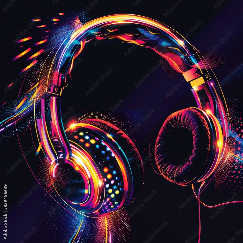 Poster A bold and dynamic graphic design of headphones with LED lights pulsating to music, demonstrating their interactive features. 