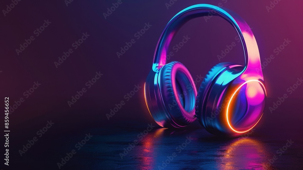 Poster a futuristic headphone design with a glowing color gradient on the ear cups, set against a dark back