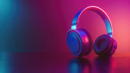 Naklejka premium A colorful advertisement showcasing headphones with soft, ambient lighting around the ear cups, evoking a sense of comfort and style. 
