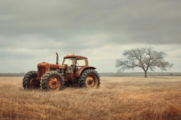 Fototapeta premium A rusty tractor stands alone in a field. The idea of ​​abandoned and unused equipment, the decline of agriculture, the bankruptcy of farmers