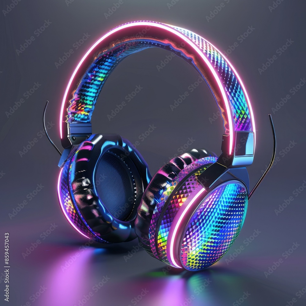 Poster A design featuring headphones with RGB LED lights, showcasing a range of colors and patterns for personalization.