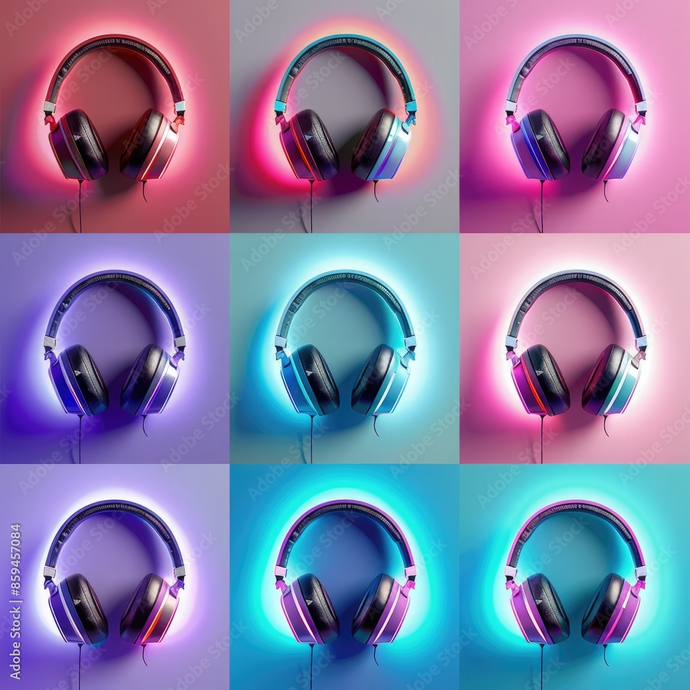 Poster a vibrant graphic design displaying headphones with color-changing led lights in a variety of bold, 