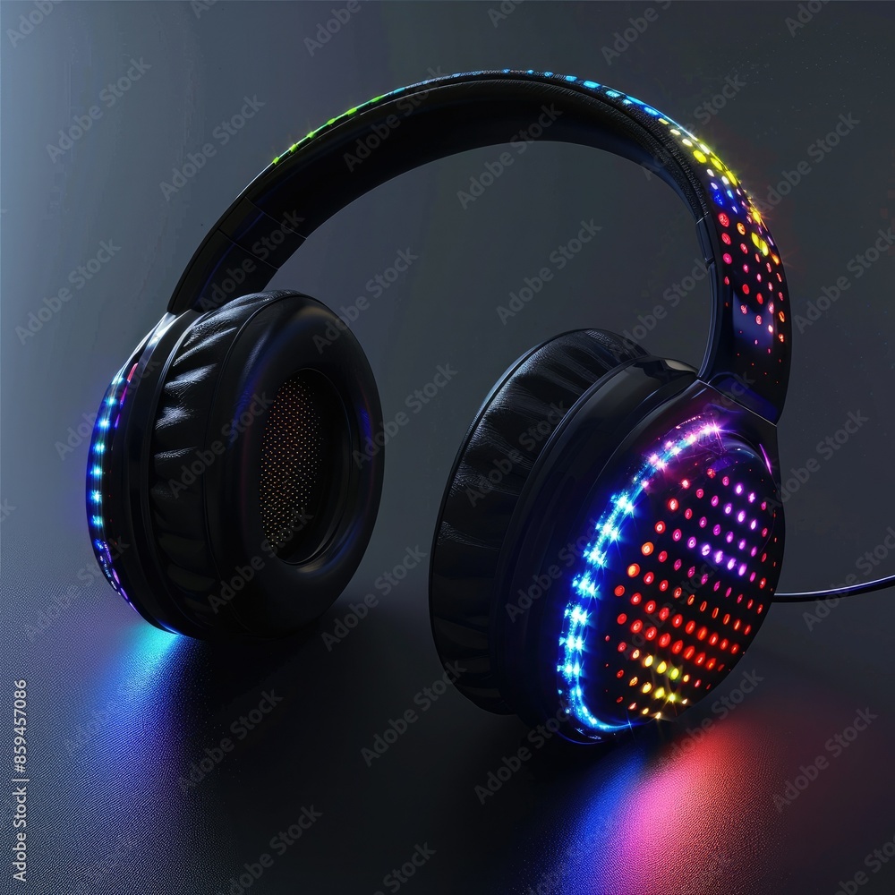 Poster A design featuring headphones with RGB LED lights, showcasing a range of colors and patterns for personalization. 