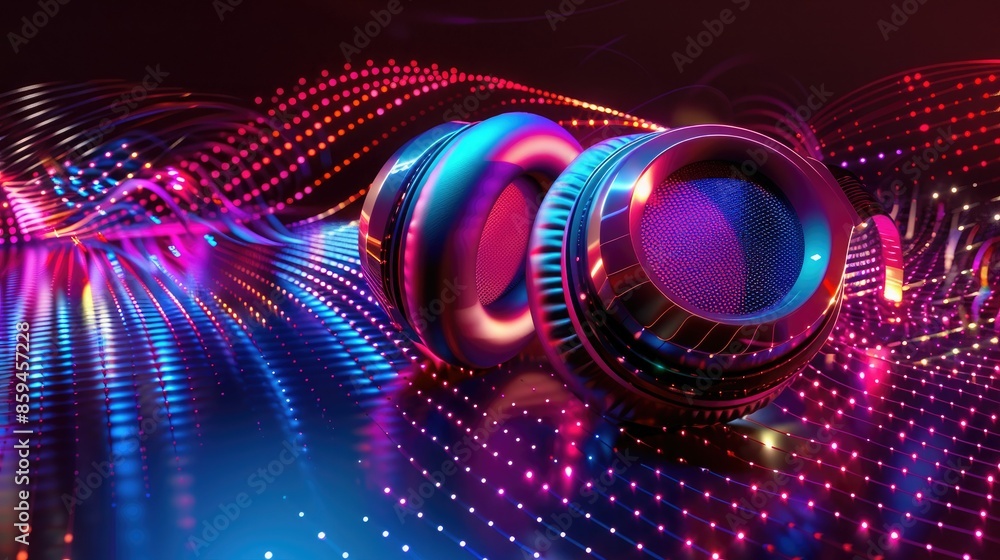 Poster a vibrant graphic design displaying headphones with color-changing led lights in a variety of bold, 