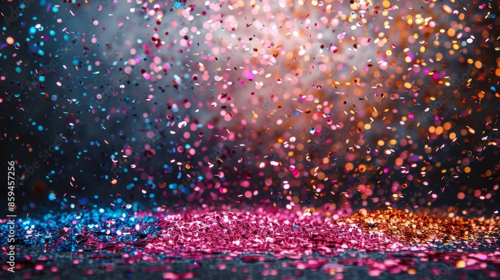 Poster colorful confetti is falling against a blurred background, creating a dazzling effect with an array 