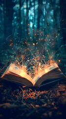 Magical image of open antique book over wooden table with glitter overlay