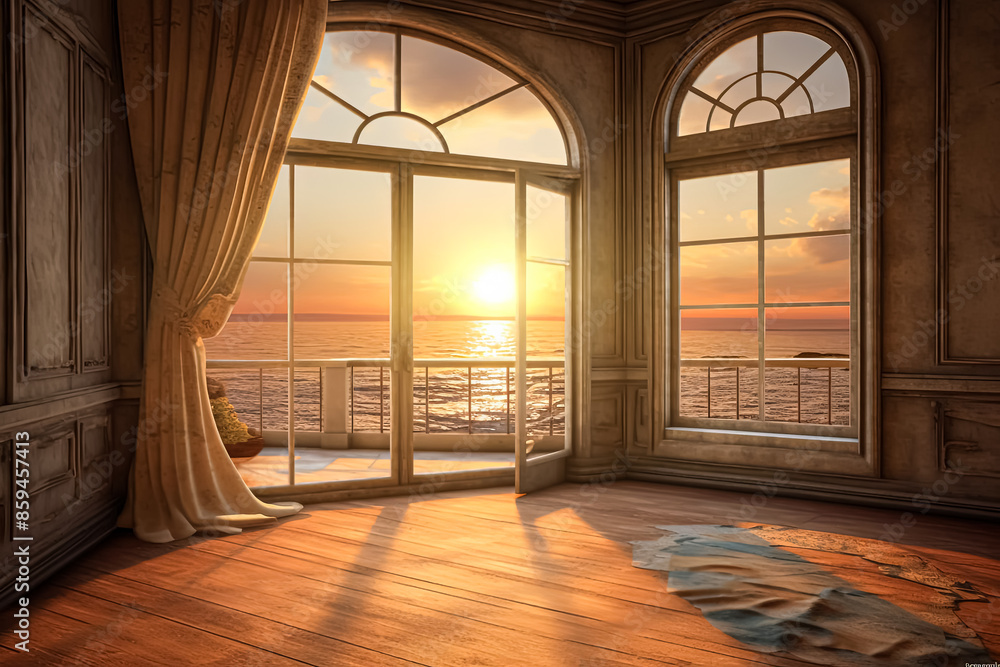 Poster a window with a view of the ocean and the sun setting.