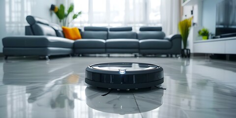 Robot vacuum cleaning a modern living room on a white background. Concept Home Cleaning, Robot Vacuum, Modern Living Room, White Background