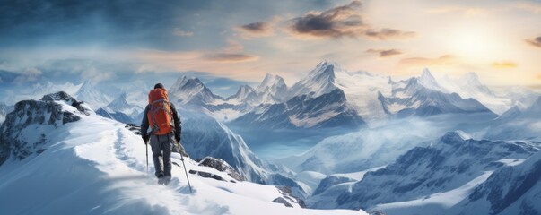 Sportsmen mountaineer is hiking in snow with sunset, winter concept panorama banner. Generative AI.