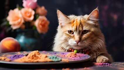 a peach-beige beautiful cat sits close-up on a dark background, on her muzzle there are multi-colored colors of Holi, next to a plate with paints. Pets and Indian Spring Festival Holi