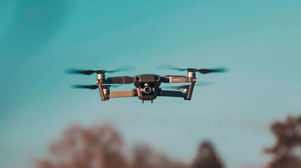 Modern drone hovering in clear blue sky