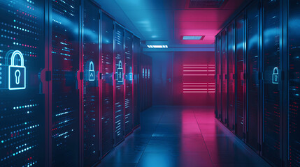 Secure server room with digital lock icons