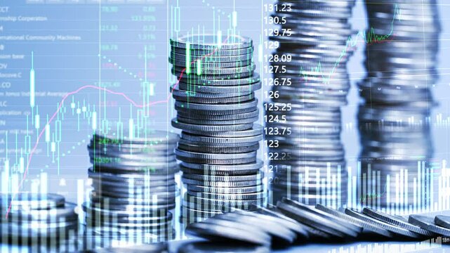 coins stack increase with business data hologram business