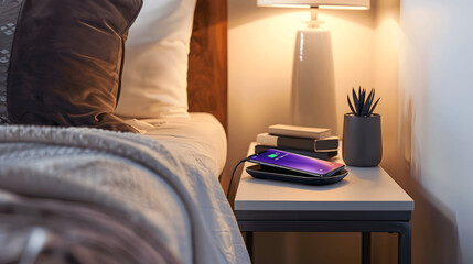 Wireless charging station with smartphone on modern nightstand