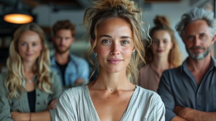Obraz premium A group of five adults, dressed in casual modern clothing, is smiling confidently at the camera in a contemporary home, capturing a moment of friendliness and connection.