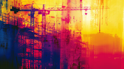 Abstract background with space for construction related text. textures imitating building, silhouettes of houses under construction, cranes