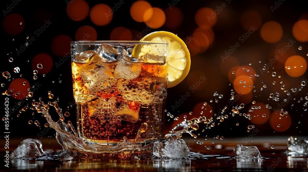Poster the image captures a glass of cola with ice and a lemon slice, splashing vividly against a backdrop 