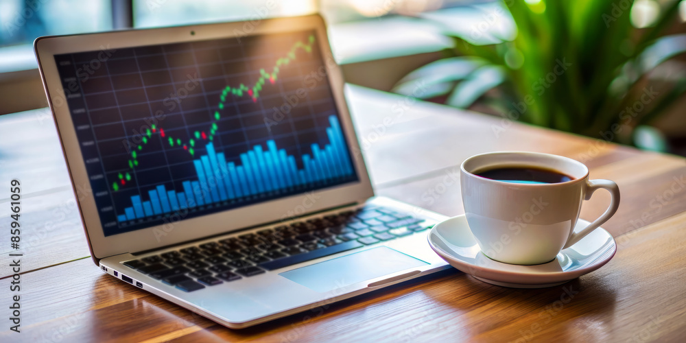 Poster coffee mug placed on a table next to a laptop displaying a stock market graph, representing a modern