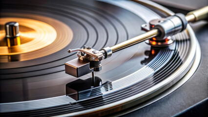 Close-up view of a tonearm on a vinyl record player with a spinning record, highlighting the retro and analog feel of playing music on a turntable.