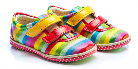 Colorful kids' shoes with rainbow stripes and velcro straps, isolated on white background.