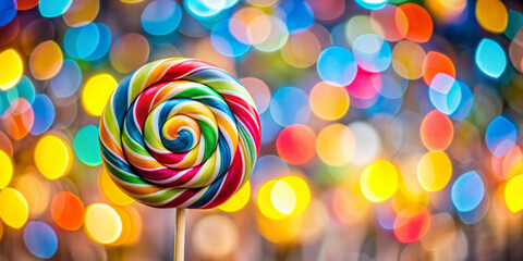 Colorful spiral lollipop with a swirl pattern against a bokeh background of vibrant lights. perfect for a festive and cheerful mood.