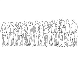 Naklejka premium Group of people continuous one-line black ink drawing. The crowd standing and waiting on white background. 