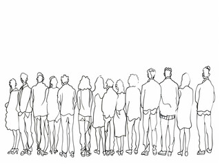 Naklejka premium Group of people continuous one-line black ink drawing. The crowd standing and waiting on white background. 