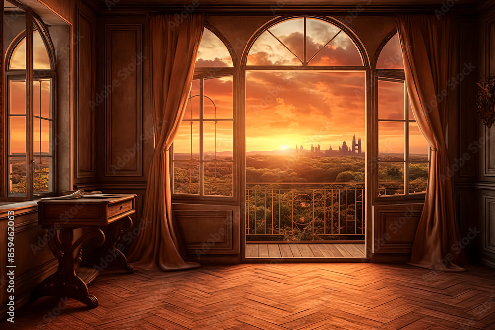 Poster a window with a view of the ocean and the sun setting.