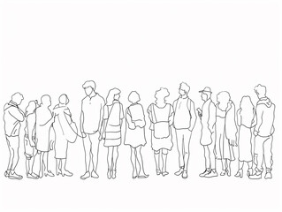 Group of people continuous one-line black ink drawing. The crowd standing and waiting on white background.  