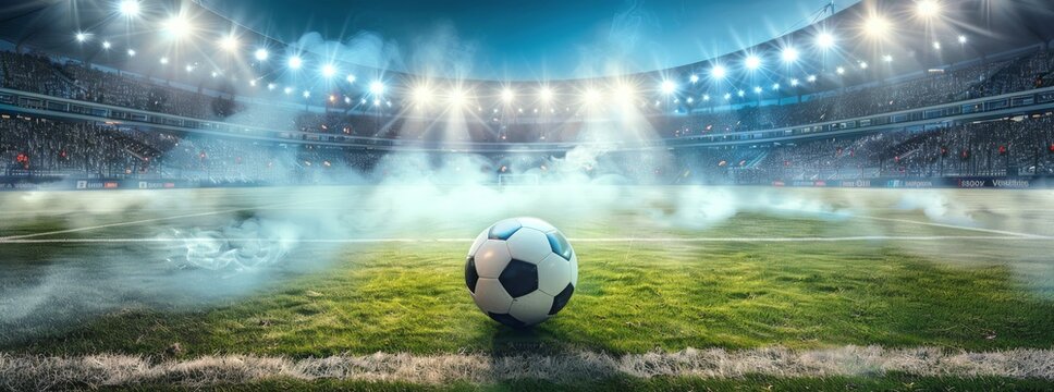 A soccer ball rests on the soccer field within a stadium under the sky