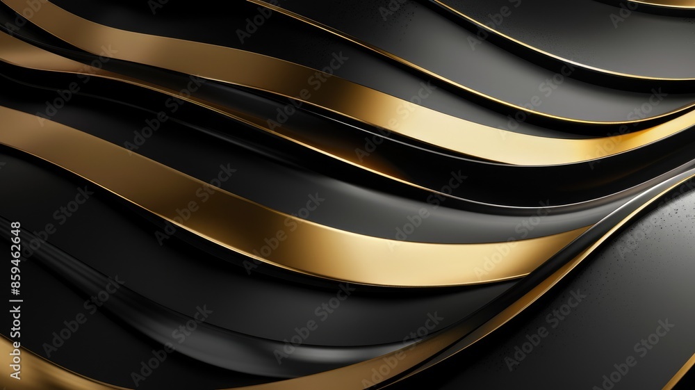 Poster abstract image of black and gold cubes with reflections. digital artwork of 3d geometry shape and en