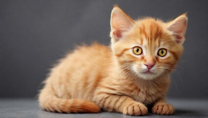 Close up photo of little red cat with yellow eyes looking away, cute and adorable curious kitten on a grey background.