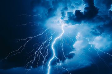 A stormy sky with a bright blue sky and a large bolt of lightning.