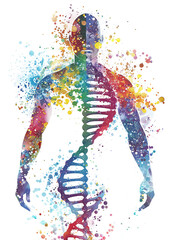 
multicolored illustration of the human body as a DNA molecule on a white background
