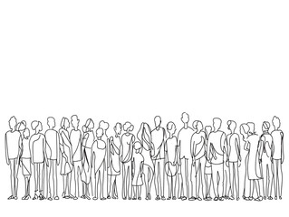 Naklejka premium Group of people continuous one-line black ink drawing. The crowd standing and waiting on white background. 