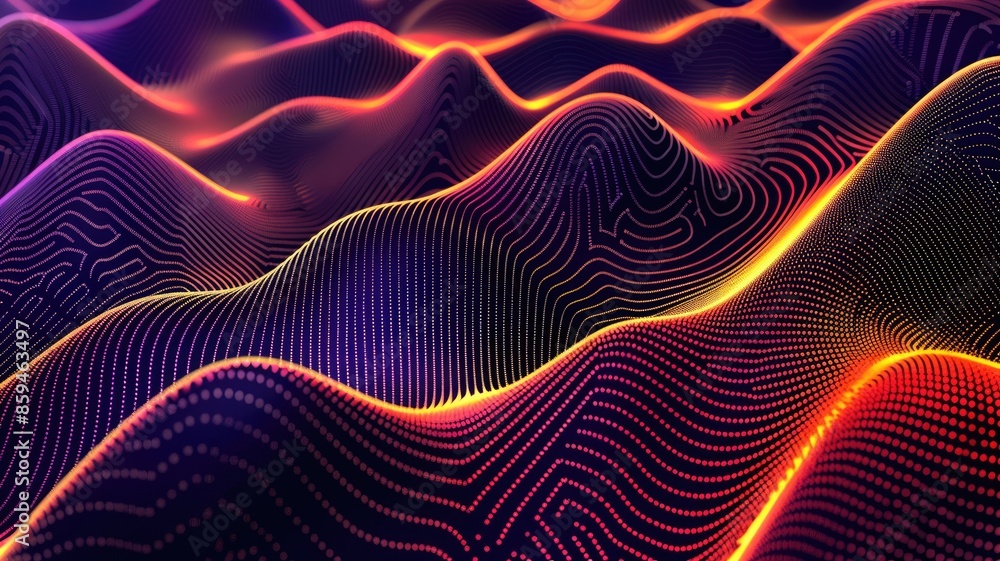 Poster abstract digital waves with glowing particles in vibrant colors on a dark background. 3d rendering i