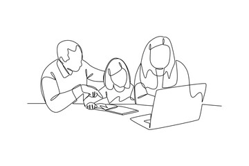 Simple continuous line drawing of mother and father are teaching their child with a computer. Happy people eating, hangouts with food and drinks. Flat graphic vector illustrations isolated on white ba