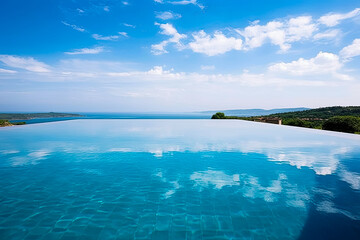 Obraz premium A pool with a blue tile floor and a railing.
