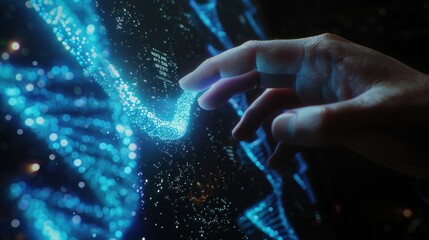 Futuristic Hand Interacting with Holographic DNA Structure