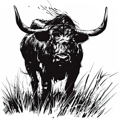 A black and white drawing of a bull with long horns