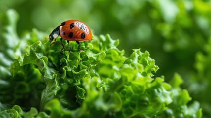Fototapeta premium Ladybug on Green Lettuce Leaves Closeup Macro Photography