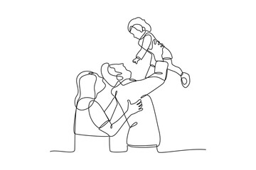 Simple continuous line drawing of parents playing with their children. Happy people eating, hangouts with food and drinks. Flat graphic vector illustrations isolated on white background