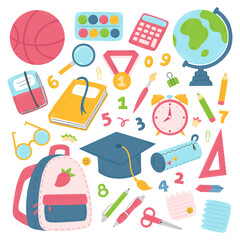 A set of cute cartoon school supplies isolated on a white background. Back to school collection. Vector clipart illustration