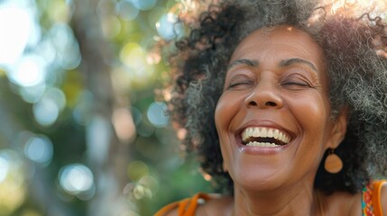 portrait of lovely middle aged woman sitting at the park