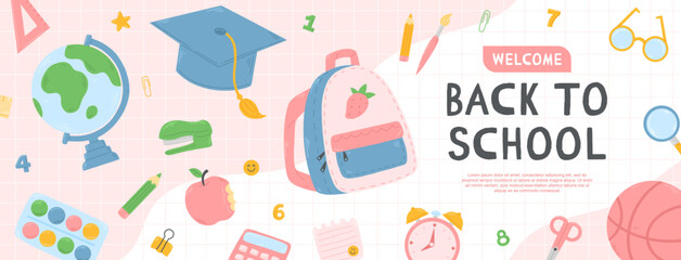 Back to school pink banner template with school items on the background. School concept vector illustration