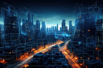 Fototapeta premium Futuristic cityscape at night with glowing lights and digital holographic overlays, representing advanced technology and urban innovation.