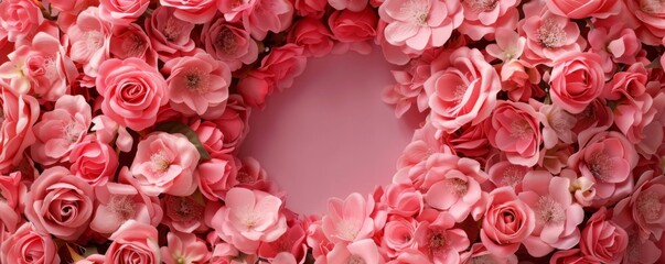 Wreath of beautiful pink rose flowers, wedding concept panorama banner. Generative AI.