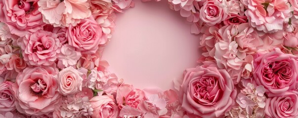 Wreath of beautiful pink rose flowers, wedding concept panorama banner. Generative AI.